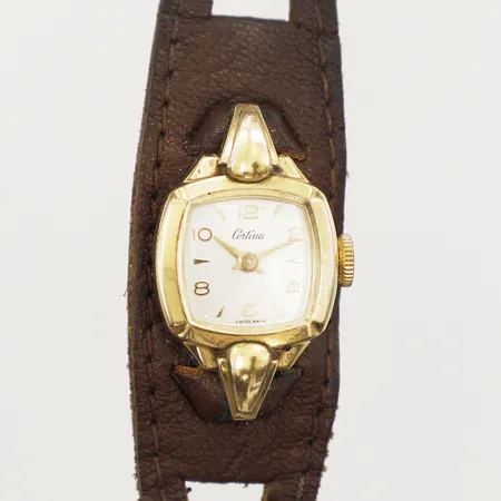 Armbandsur Certina, manuell, 16x16mm, guld på stål, läderarmband, etui