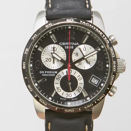 Herrur Certina DS Podium, stål, quartz, Ø40mm, refnr: 536.7129.42.65, datum, kronograf, slitet läderband, viklås, påtagligt bruksslitage, inga övriga tillbehör