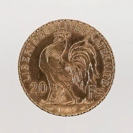 Mynt 20 Franc "Coq de Chaplain" 1909 Ø21mm 21,6k 6,4g 