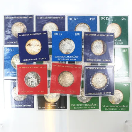 Samlarmynt 18 st 100 kronor,silver 925/1000. Vikt: 288 g