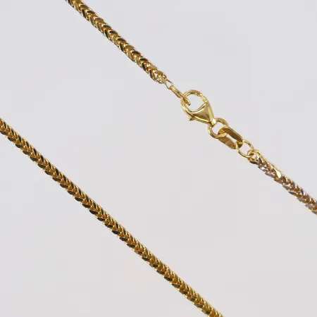 Kedja Rävsvans längd 50cm bredd 1,6mm ihålig ögla något bucklig tvåfärgat 18K  Vikt: 4,6 g