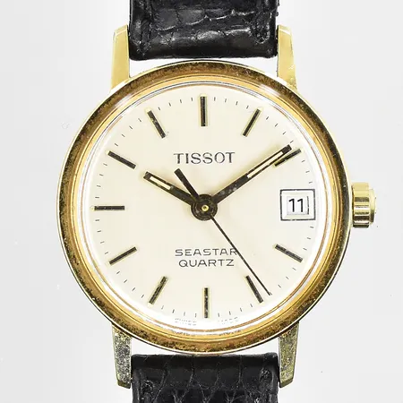 Damur Tissot Seastar 14K, quartz, Ø22mm, datum, läderband, graverad bakboett, behov av batteribyte, inga tillbehör, bruttovikt 13,2g.