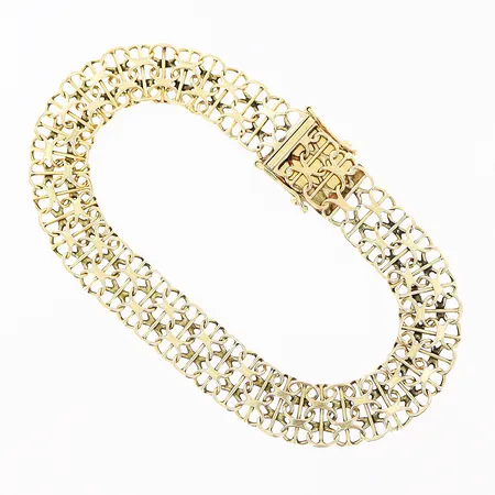 Armband X-länk med stav längd 18cm bredd 9mm, Tore Clareus Stockholm 1990, större slitage på länkdelar närmst lås, 18K Vikt: 10,1 g