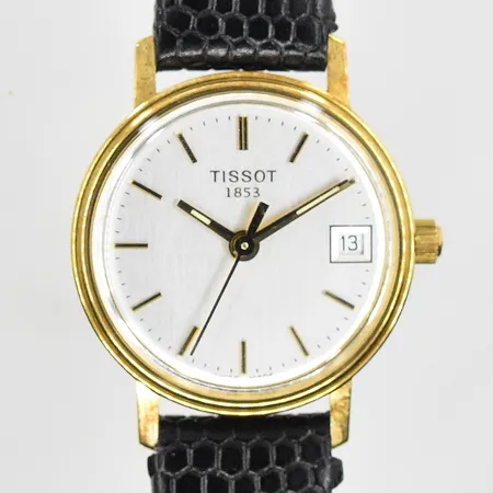 Damur Tissot 14K, quartz, Ø22mm, datum, läderband, graverad bakboett, behov av batteribyte, inga tillbehör, bruttovikt 14,5g.