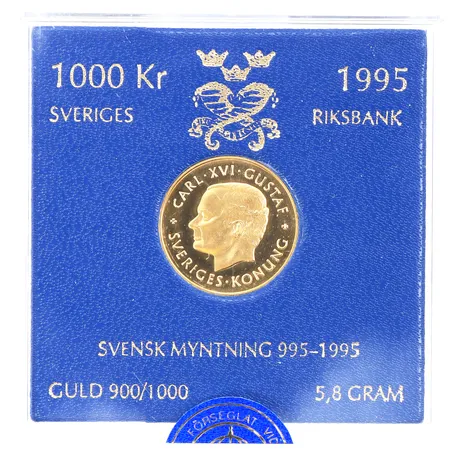Mynt 1000 kronor 1995,21.6k. Vikt: 5,8 g