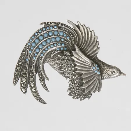 Brosch paradisfågel med blått glas samt markasiter, 38x40mm, 830/1000 silver, Vikt: 16,7g Vikt: 16,7 g