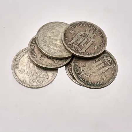 Mynt i silver, 6st, 25öre, 600/1000, 13,6g.