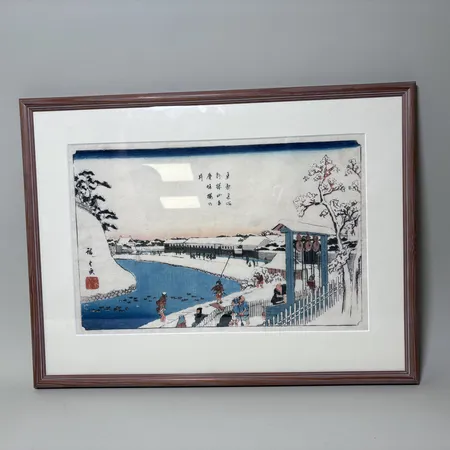 Träsnitt Ando Utagawa Hiroshige, (Japan, 1797-1858), bildmått 36x23,5cm, rammått 47x35cm, smärre skada. Skickas med postpaket.