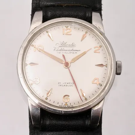 Armbandsur Atlantic Världsmästarur Jet super, stål, Ø36mm, manuell, läderarmband repor på glas, inga tillbehör.