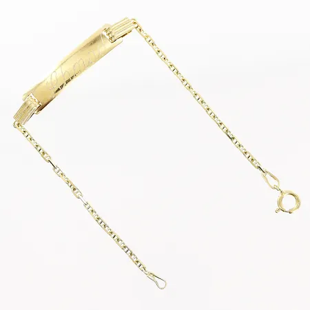 Barnarmband med platta längd 13,5cm, bredd 1,5-5mm, gravyr, låsögla öppen, 18K Vikt: 2,4 g