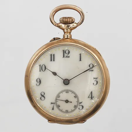 Fickur, 14K, Ø 33 mm, manuell, liten sekundvisare, boettnummer: 63981, innerboett i metall med gravyr, behov av service, klockkedja i metall, bucklor. Bruttovikt: 37,3g