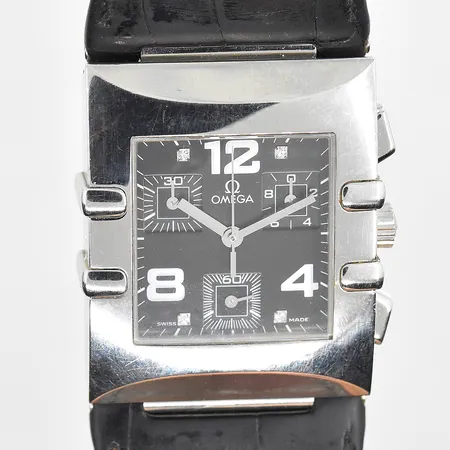 Damur Omega Constellation Quadra Chronograph, stål, quartz, boett 34x28mm, refnr 785.1201, serienr 58168661, cal 5200, diamantindex, läderband med viklås, inga tillbehör. Vikt: 0 g