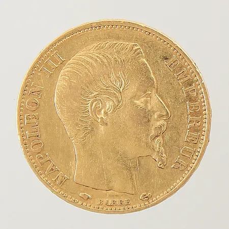 Mynt 20 Francs Napoleon III Empereur år 1859 Ø21mm 21,6K  Vikt: 6,4 g