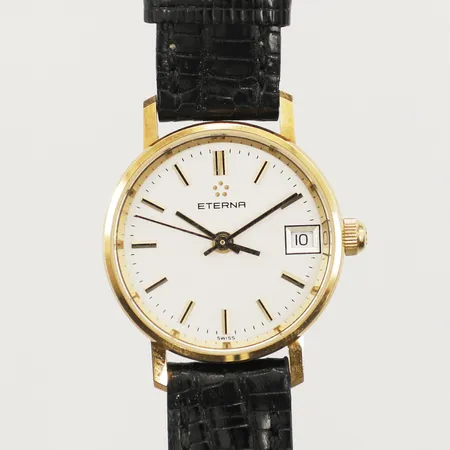 Damur Eterna 18K Ø22mm, quartz, datum, gravyr, läderarmband, går ej batteri byte krävs