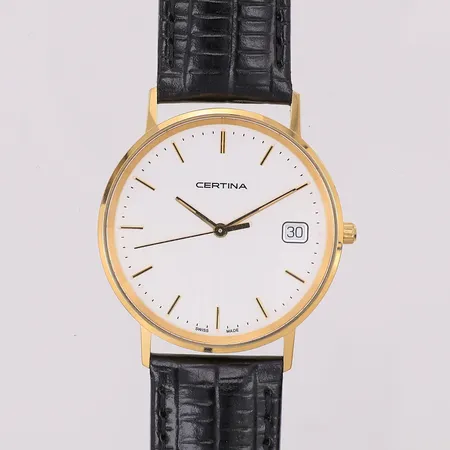 Herrur Certina ca Ø33,5mm quartz datum 18K tjänstegravyr, originalband och spänne i dublé låda & box Vikt: 0 g