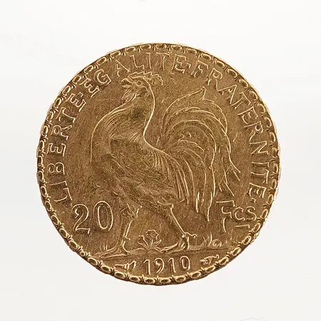 Mynt 20 Franc "Coq de Chaplain" 1910 Ø21mm 21,6k 6,4g 