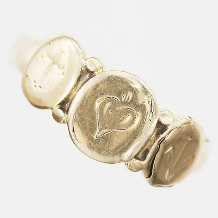 Ring tro hopp och kärlek stl 18¼, bredd 3-9mm, lagad skena, slitage, 14K Vikt: 1,8 g