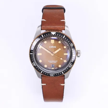Herrur Oris Divers Sixty-Five, 40mm, stål, ref:0173377074356, serienr:3854547, boettring i brons, boett i stål, slitet läderband original, garantikort, originalkartong