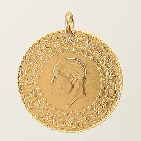 Hänge/mynt Atatürk år 2018 Ø21mm, ögla ej i guld 21,6K Vikt: 3,6 g