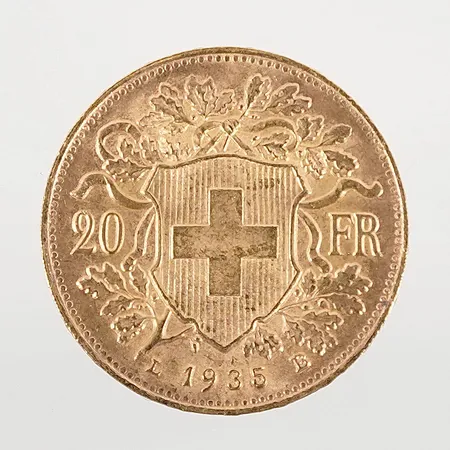 Mynt 20 Franc Helvetia 1935 Ø21mm 21,6k 6,4g Vikt: 6,4 g