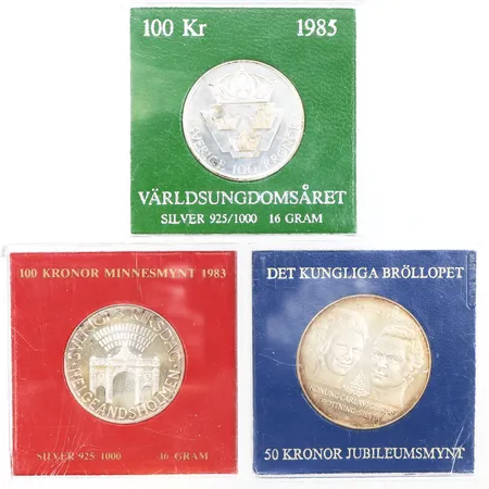 Mynt 50 kronor 1976,100 kronor 1985,100 kronor 1983,silver 925/1000. Vikt: 59 g