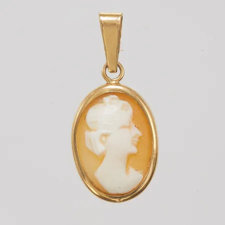 Hänge med camé, längd ca 23mm, bredd ca 10mm, svenska stämplar, camé någopt lös i fattning, 18K, Vikt: 1,2g Vikt: 1,2 g