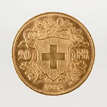 Mynt 20 Franc Helvetia 1922 Ø21mm 21,6k 6,4g Vikt: 6,4 g