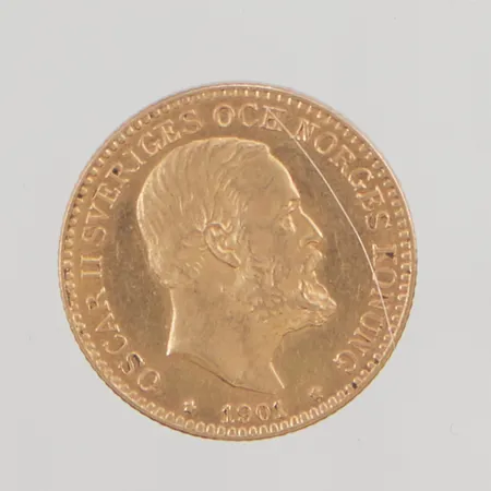 Mynt Oscar II Sverige och Norges Konung 1901, Brödrafolkens Väl, nominellt värde 10kr, 18mm, 21,6K 4,5g.