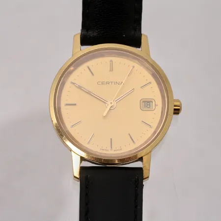 Damur Certina i 18K guld quartz, Ø24mm, datum, läderband, i behov av batteribyte, inga tillbehör.