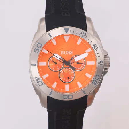 Herrur Hugo Boss orange urtavla stål quartz Ø45mm, datum, veckodagsvisning, 24-timmars visning, modell: 151951, serienummer: HB210.1.14.2596, gummiarmband box