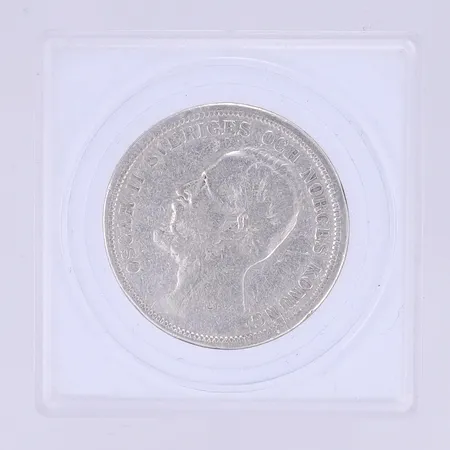 Silvermynt 2kr Oscar II Sveriges och Norges Konung, För brödrafolkens väl 1893, i etui, silver 800/1000 vikt ca 15g Vikt: 15 g