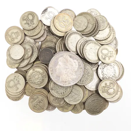 Mynt 20 st 1 kronor 40%,40 st 50 öringar 40%,ca 60 st 25 öringar 40%,mynt One dollar 1885,silver. Vikt: 0 g