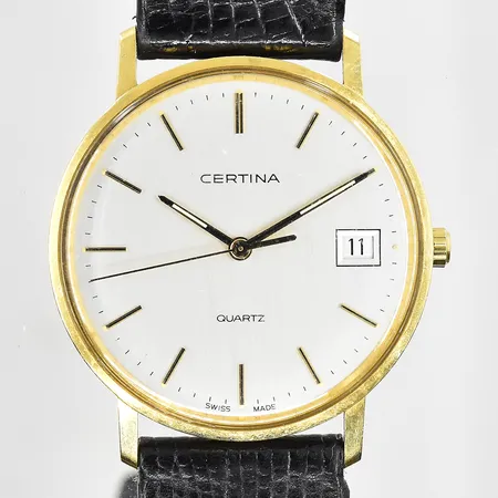 Herrur Certina 18K, quartz, Ø34mm, EOL 115.9299.68, datum, läderband, graverad bakboett, behov av batteribyte, inga tillbehör, bruttovikt 27,9g.