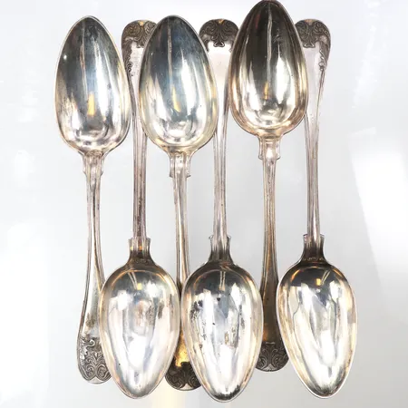 Matskedar 5 st F.O Ahlström + 1 st E Hacksell,1800 tal,längd ca 21 cm,silver 830/1000. Vikt: 309 g