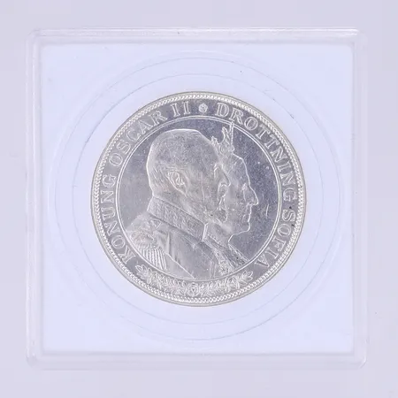 Silvermynt 2kr Konung Oscar II - Drottning Sofia den 6 juni 1857-1907, i etui, silver 800/1000 vikt ca 15g Vikt: 15 g