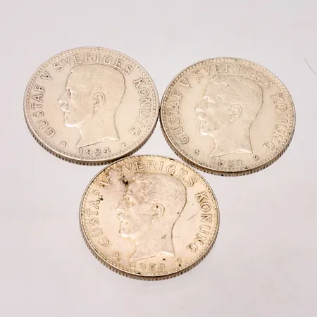 Mynt i silver, 3st, 2kronor, 800/1000, 44,84g.