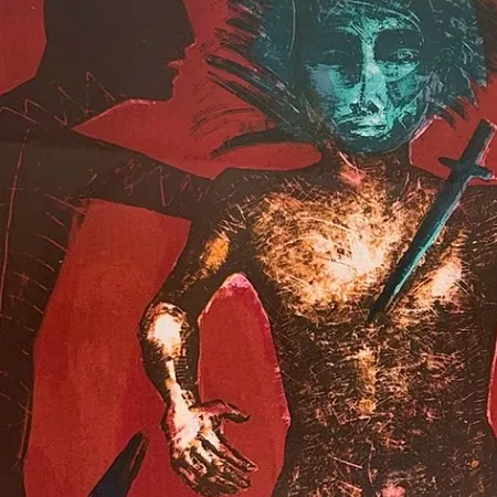 Tavla Eva Zetterberg Kvinna med svärd litografi 19/330, 43 x 30,5cm, glas & ram Skickas med postpaket.