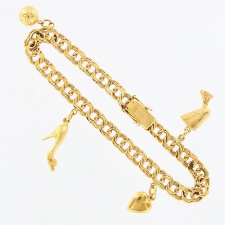 Armband Bismarck med 4 berlocker, ca 20cm, bredd ca 7,5mm, 18K Vikt: 18,2 g