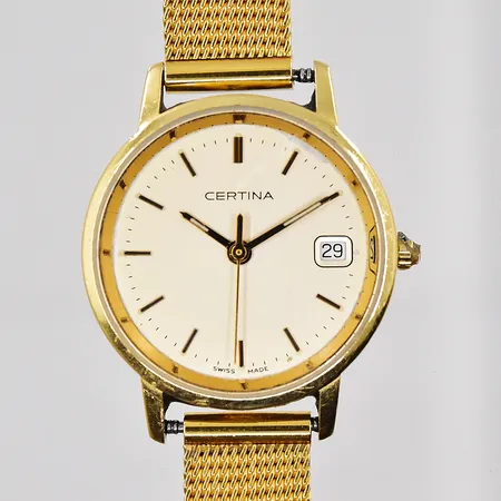 Damur Certina 18K Ø 24mm datum quartz fungerar ej graverad boett armband doublé