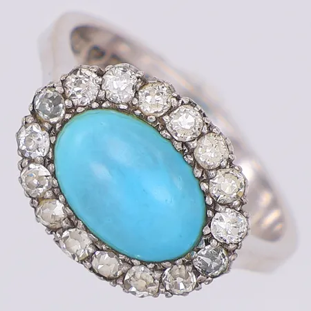 Ring med turkos och antikslipade diamanter 30 x ca 0,02ct, stl:17½, vitguld, Rådström Östersund år 1974, 18K
OBS ändrad beskrivning Vikt: 5,3 g
