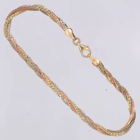 Armband trefärgat flätat 19cm, bredd: 4mm, 14K Vikt: 4,4 g