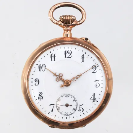 Mormorsur diameter ca 34 mm,tickar igång men ej funktionstestad,14k,klockkedja doublé,originaletui,totalvikt uret 28.5 gram.