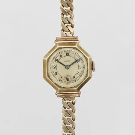 Damur Phenix 21mm, manuell, 14K, liten sekundvisare, plexiglas med repor, armband i doublé, trasig säkerhetskedja, inga tillbehör 