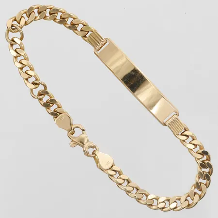 Armband med bricka text "Älskad av Gud", längd 18cm, bredd 7mm, repor, ihålig, 18K  Vikt: 8,6 g