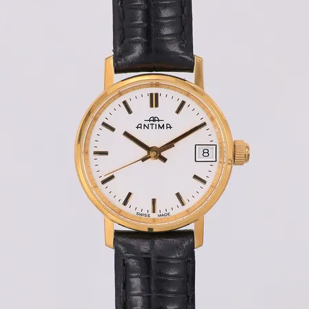 Armbandsur Antima 22mm, quartz (batteribyte krävs), datum, läderband och ask, 18K 