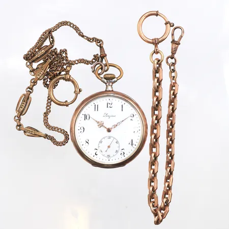 Fickur Longines,separat sekundvisare,diameter ca 50 mm,fungerar ej,glas med spricka,slitage ojämnheter,silver,klockkedjor 2 st metall.