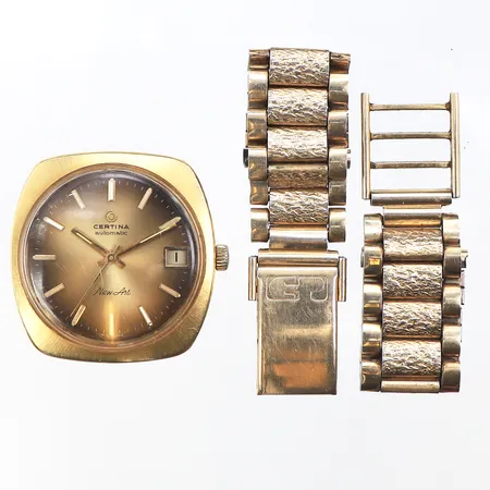 Herrur Certina New Art, nr 5810 161 och 937110, löst metallband ej original,tickar igång men ej funktionstestat,diameter ca 34.8 mm, totalvikt (utan armband) 34.1 gram,18k. Vikt: 34,1 g