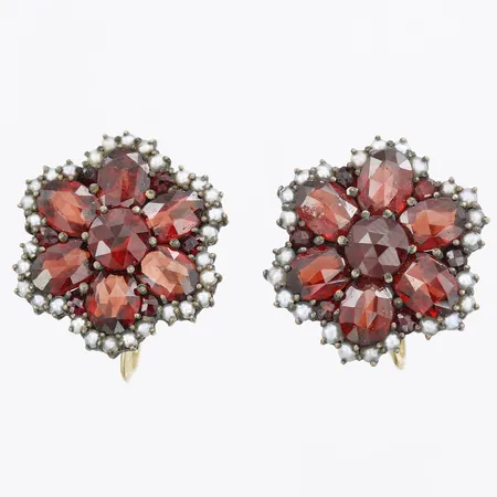 Örhängen med granater och fröpärlor, Ø20mm, skruvlås, förgylld metall 