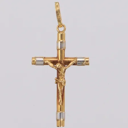 Hänge krucifix, längd 30,5mm, bredd 14mm, tvåfärgat, 18K  Vikt: 0,8 g
