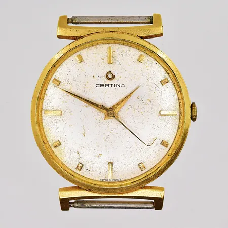 Herrur Certina Ø 33mm 18K fungerar ej glas saknas, band saknas bucklig boett